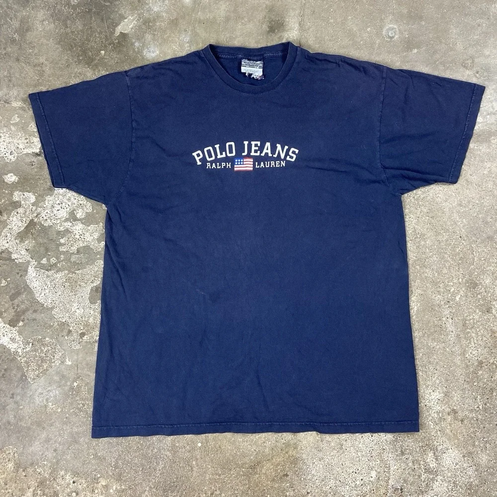Vintage Polo Jeans Co Ralph Lauren T Shirt Size Large Navy Blue Flag Graphic